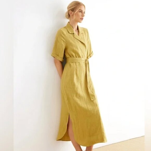Grae Cove NWT Gwyneth Linen Natural Yellow Midi Wrap Belted Dress Women's Large - Picture 1 of 6
